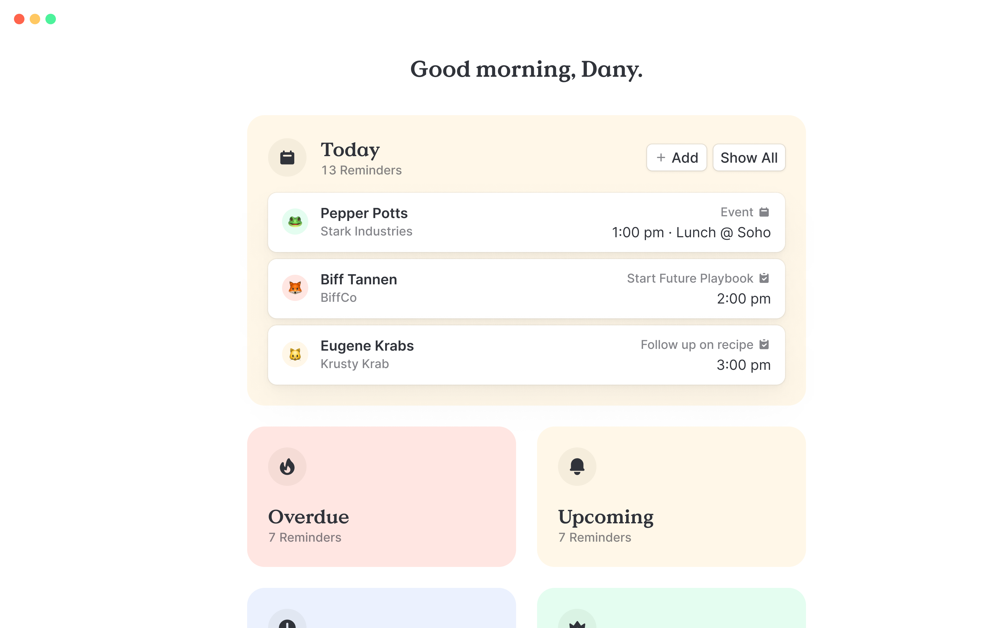 Home page with tasks overview